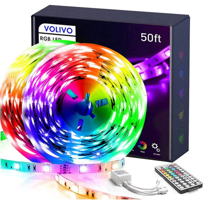 VOLIVO 50ft Led Strip Lights for Bedroom, Color Changing Led Light Strips Kit with Bluetooth App Control and IR Remote, RGB Music Sync Lighting for Room, Home Decor