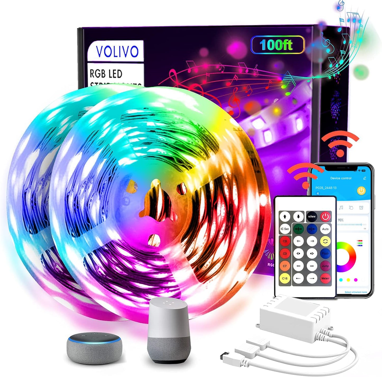 VOLIVO LED Strip Lights WiFi 100 FT, Compatible with Alexa and Google Assistant, 2 Rolls of 50ft RGB Led Light Strip, Music Sync Color Changing Lighting for Bedroom, Home, Kitchen, Party Decors
