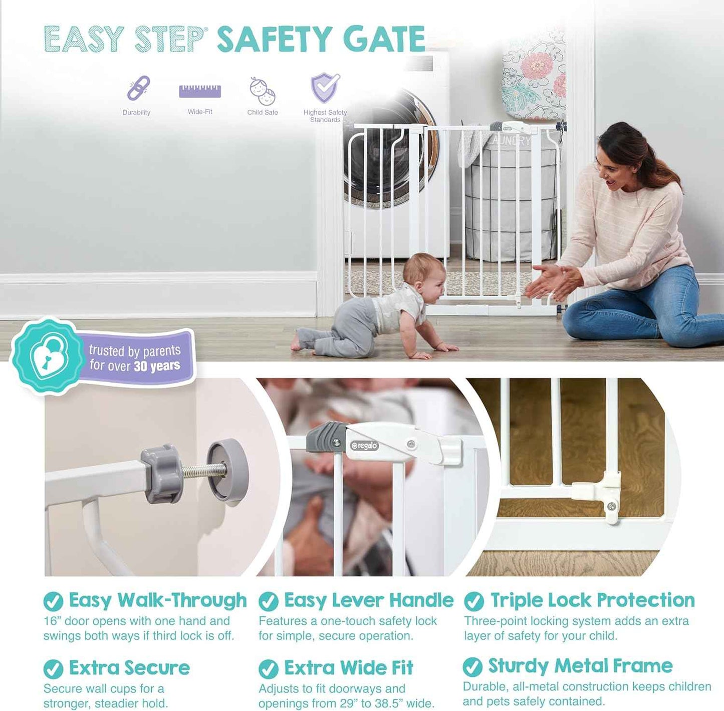 Regalo Baby Gate with Door in White – Modern Pressure Mounted Safety Gate that Blends with Doorways, Hallways and Staircases