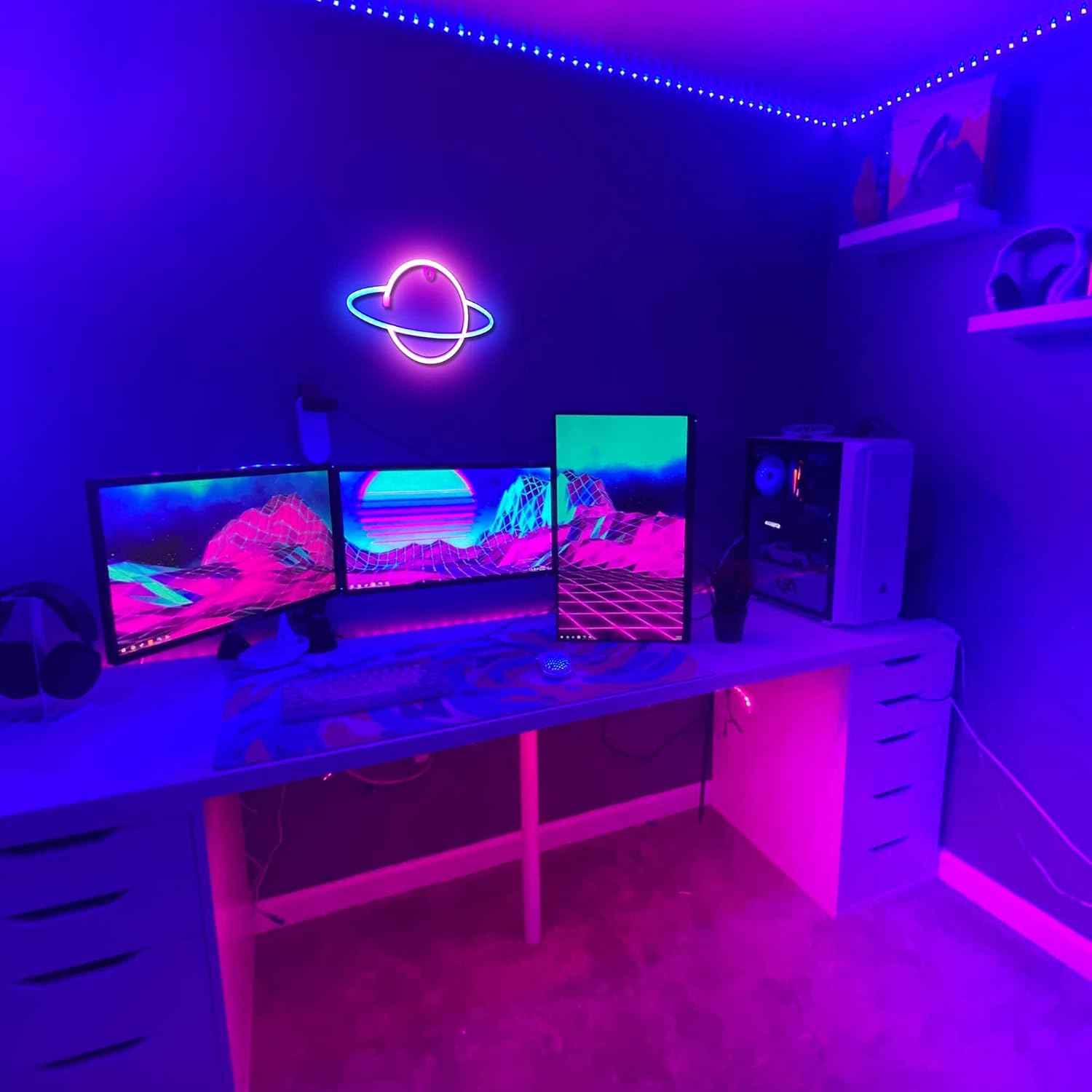 Lumoonosity Saturn Neon Sign - Blue Pink LED Wall Light for Bedroom Aesthetic, Planet Shaped Room Decor with USB Power and On/Off Switch