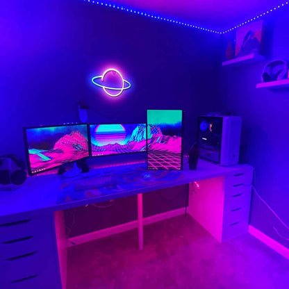 Lumoonosity Saturn Neon Sign - Blue Pink LED Wall Light for Bedroom Aesthetic, Planet Shaped Room Decor with USB Power and On/Off Switch