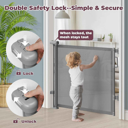 Retractable Baby Gate for Stairs – One-Hand Double-Lock Mesh Gate for Toddlers, 34" Tall Childproofing Barrier