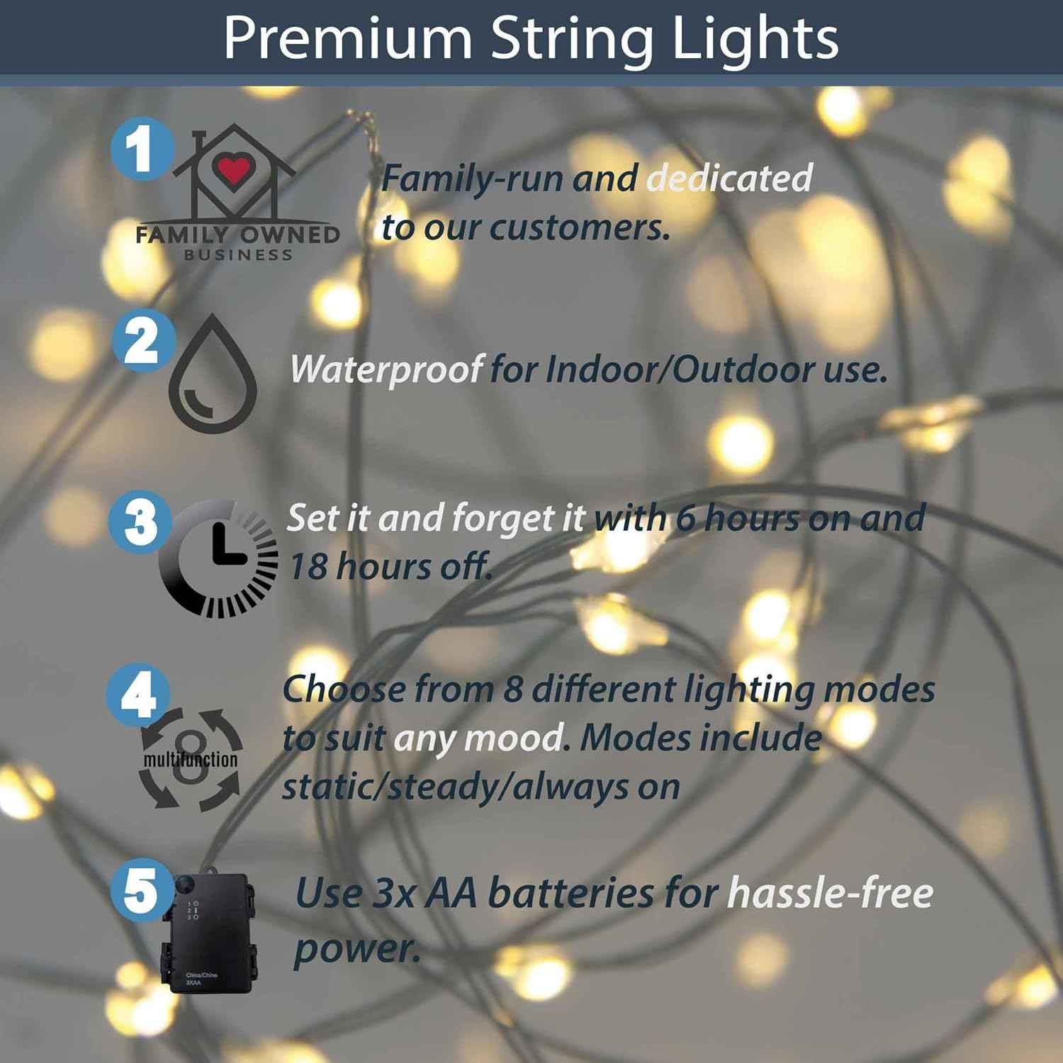 QBIS IP44 Battery Lights – Portable 33ft Outdoor String for Patio Railings, Planter Wraps, and Backyard Parties