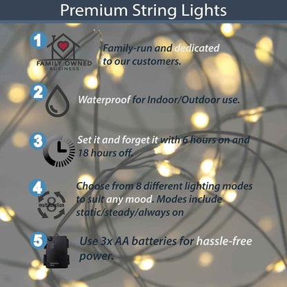 QBIS IP44 Battery Lights – Portable 33ft Outdoor String for Patio Railings, Planter Wraps, and Backyard Parties