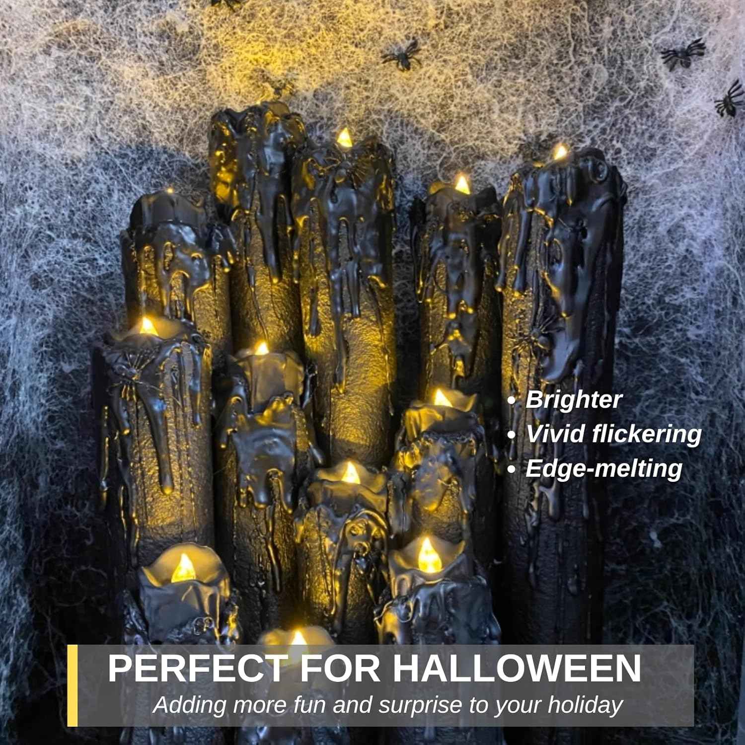 Homemory Flameless LED Tea Lights – Black Drip Halloween Candles Safe for Kids' Playrooms, Daycare & Trick-or-Treat Stations