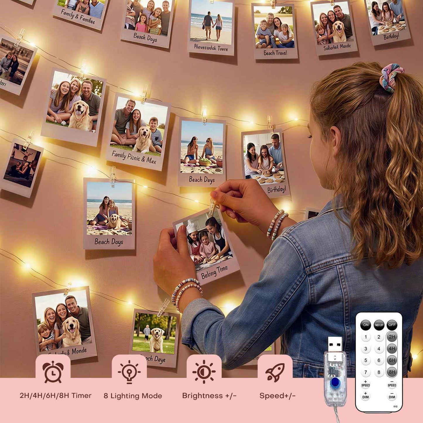 Waterproof Photo Clip String Lights 40FT - Indoor Outdoor Fairy Lights for Patio Camping Party, USB Powered LED with 50 Clips