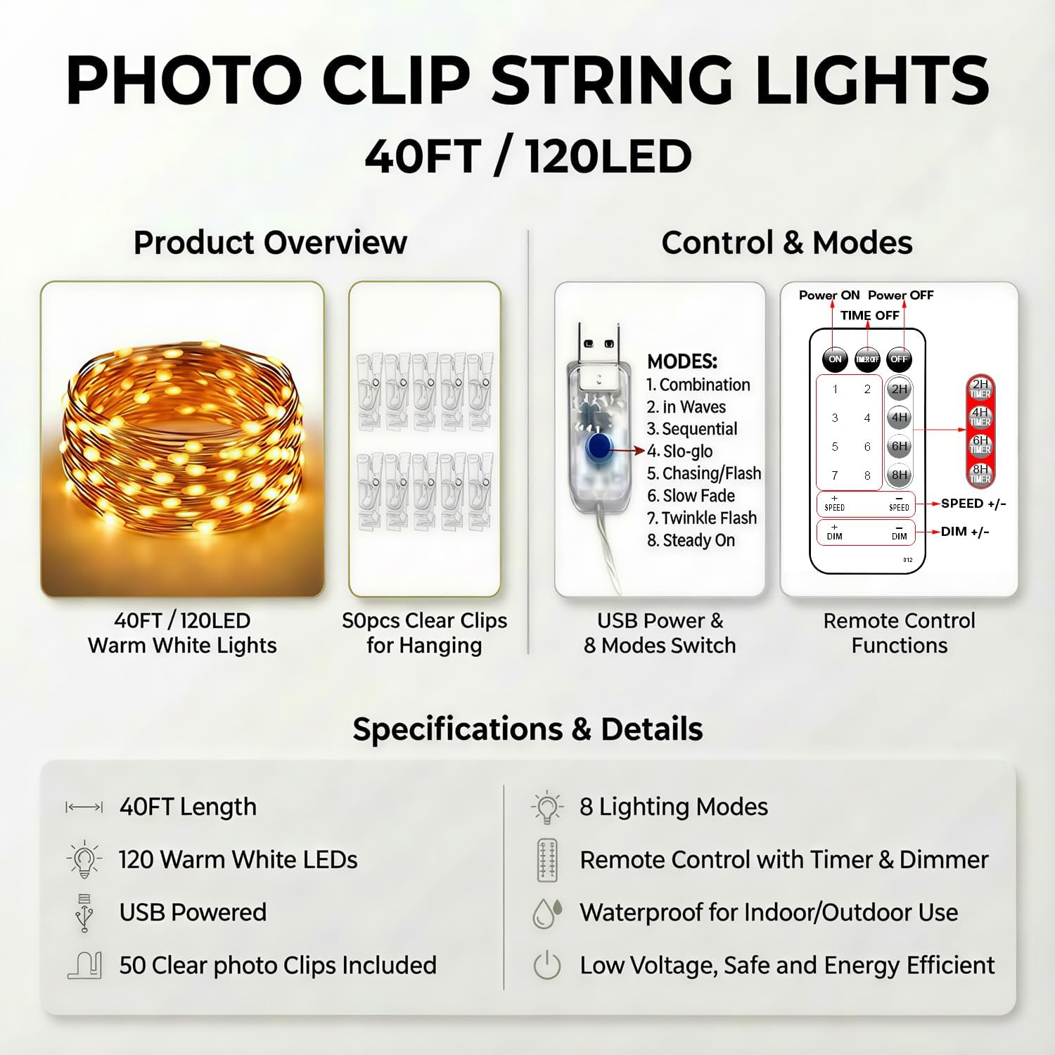 Waterproof Photo Clip String Lights 40FT - Indoor Outdoor Fairy Lights for Patio Camping Party, USB Powered LED with 50 Clips