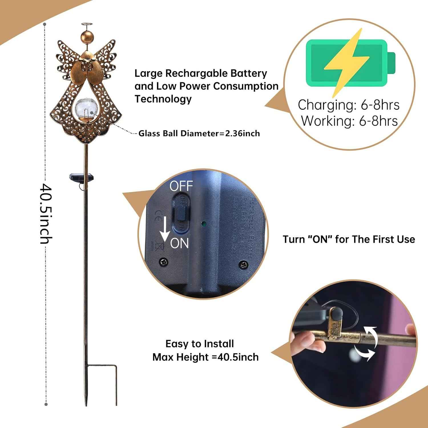 Starryfill Angel Solar Stake Light – Weatherproof Garden and Lawn Decor, 40.5" Bronze Finish