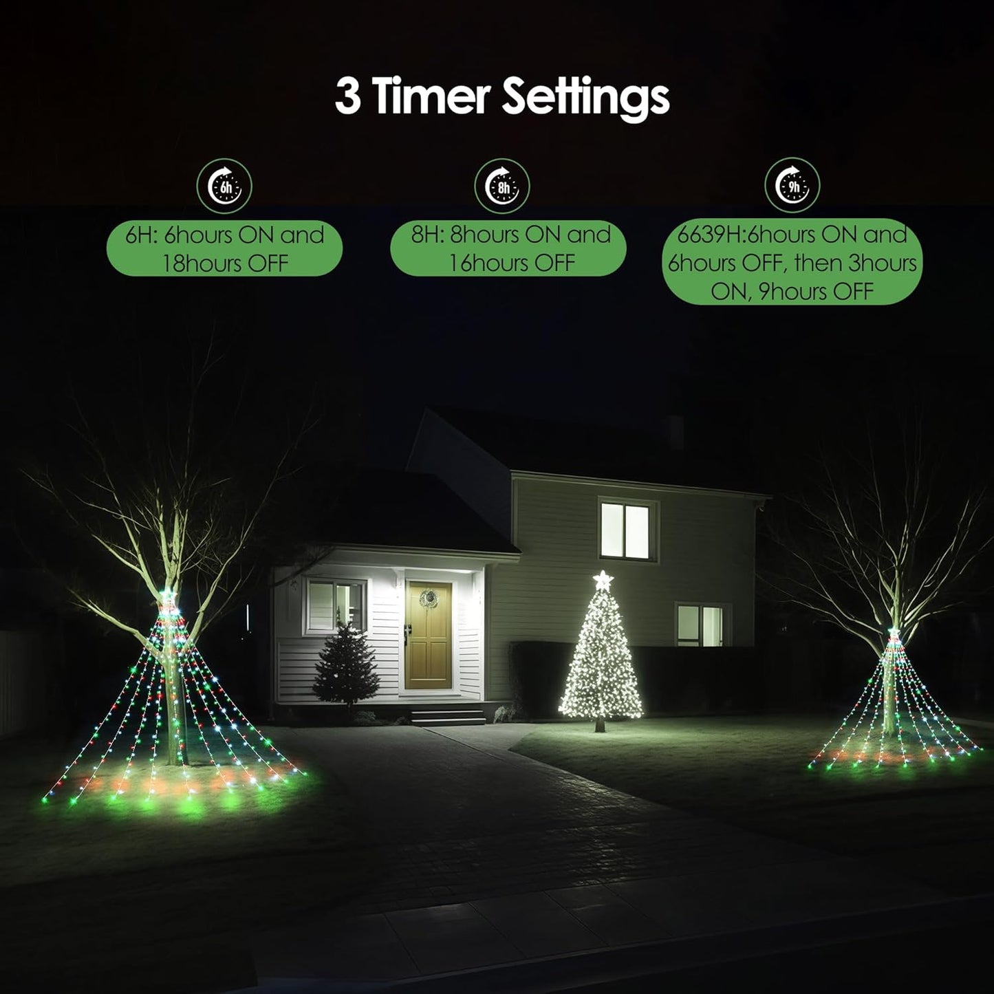 WBao Safe Outdoor Christmas Lights with UL588 Certification, Flameless 344 LED Waterfall Star Topper with Timer Auto Shutoff for Family Yard Decorating