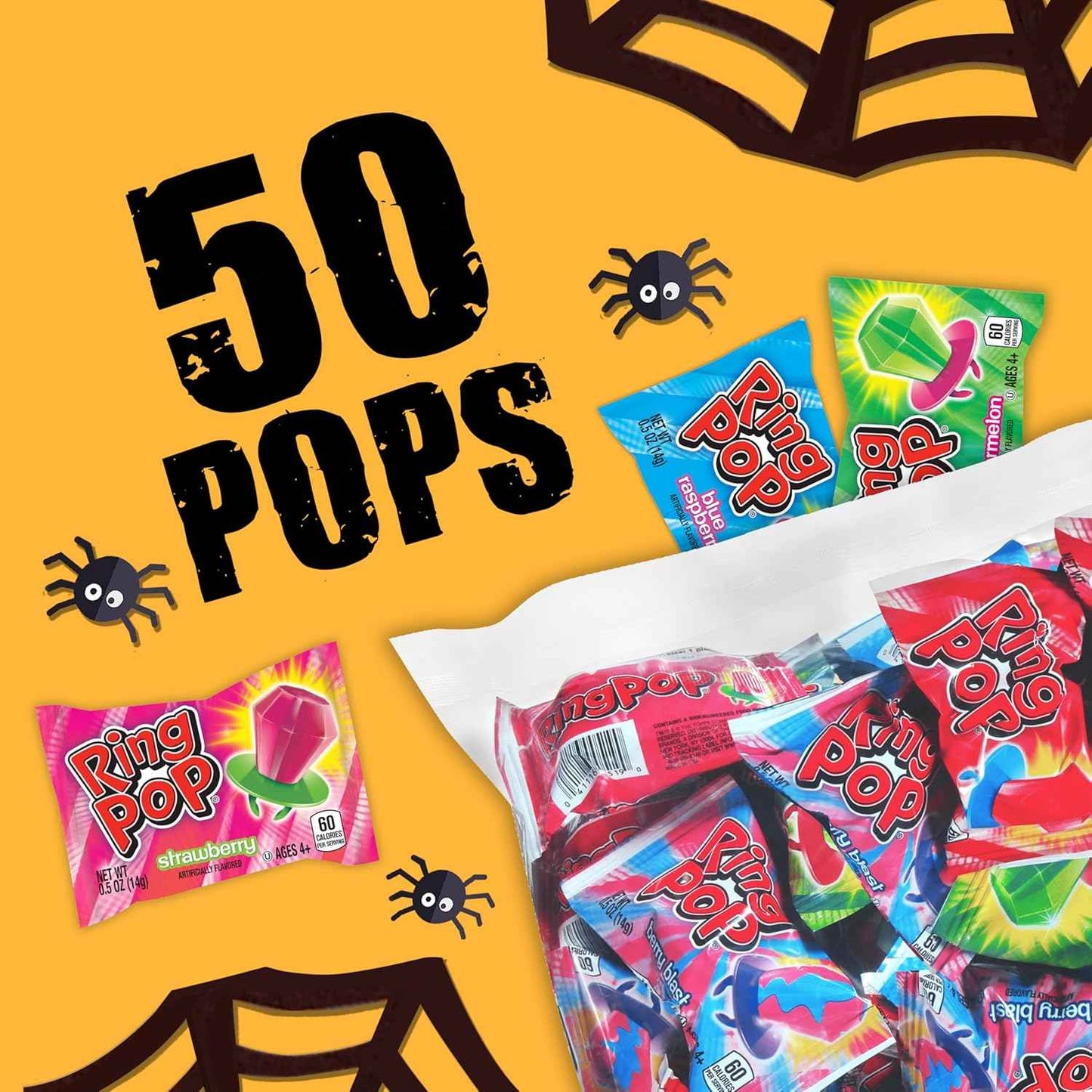 Ring Pop Candy 50 Ct – Individually Wrapped Hygienic Lollipops Safe for Classroom Sharing and Kids' Party Tables