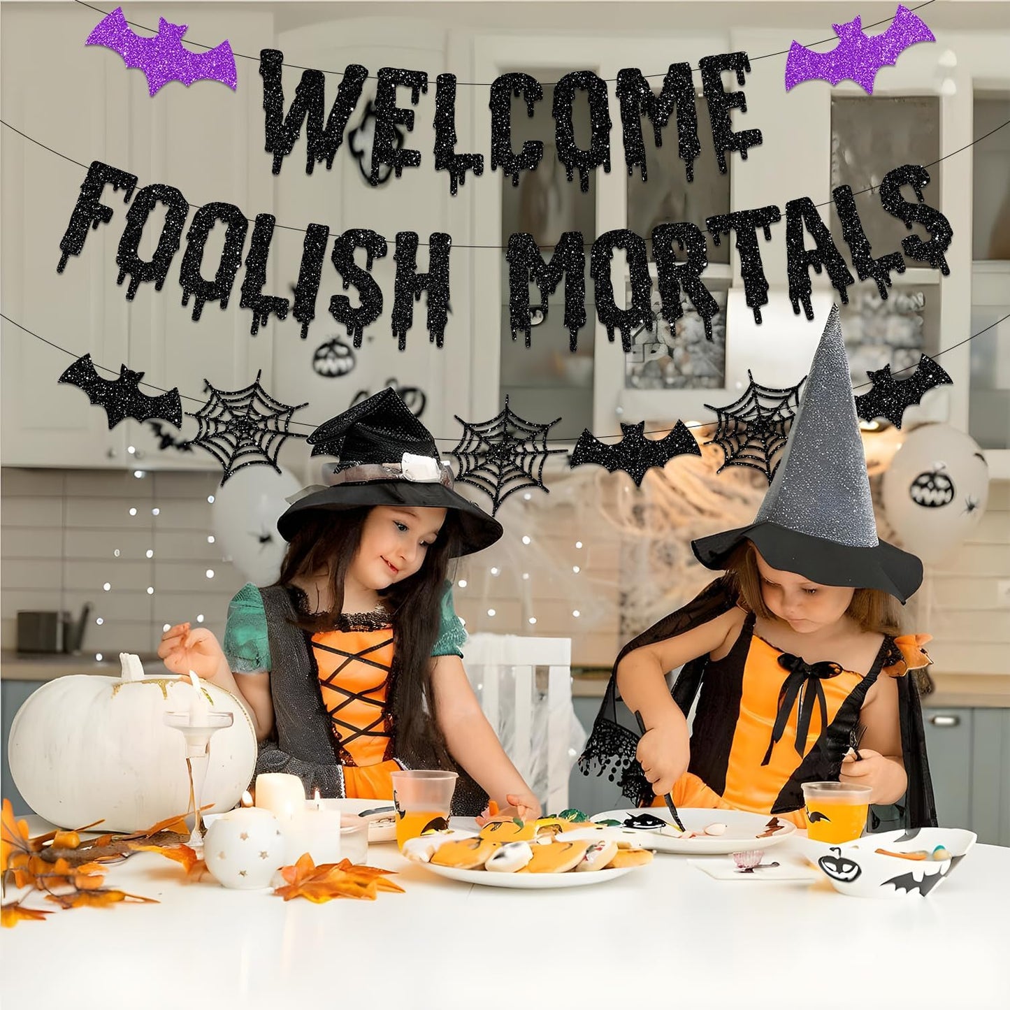 Welcome Foolish Mortals Halloween Banner – Bedroom Aesthetic & Cozy Spooky Hallway Mantel Decoration, Purple and Black Glitter Cardstock