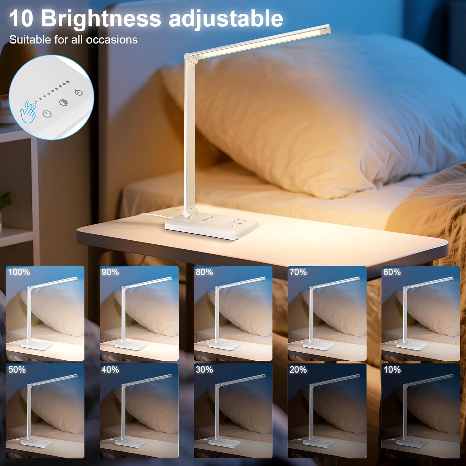 White crown Flicker-Free LED Bedside Lamp – Calming Reading Light with Auto-Off Timer for Wind-Down Routine