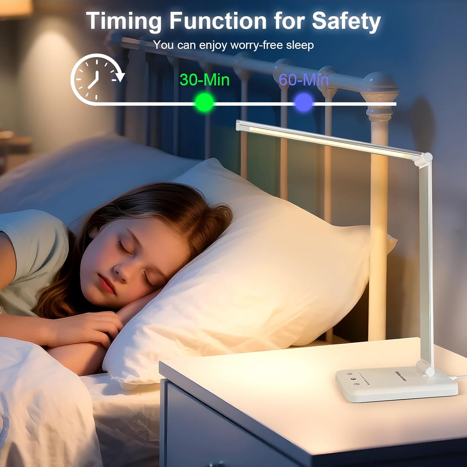White crown Flicker-Free LED Bedside Lamp – Calming Reading Light with Auto-Off Timer for Wind-Down Routine