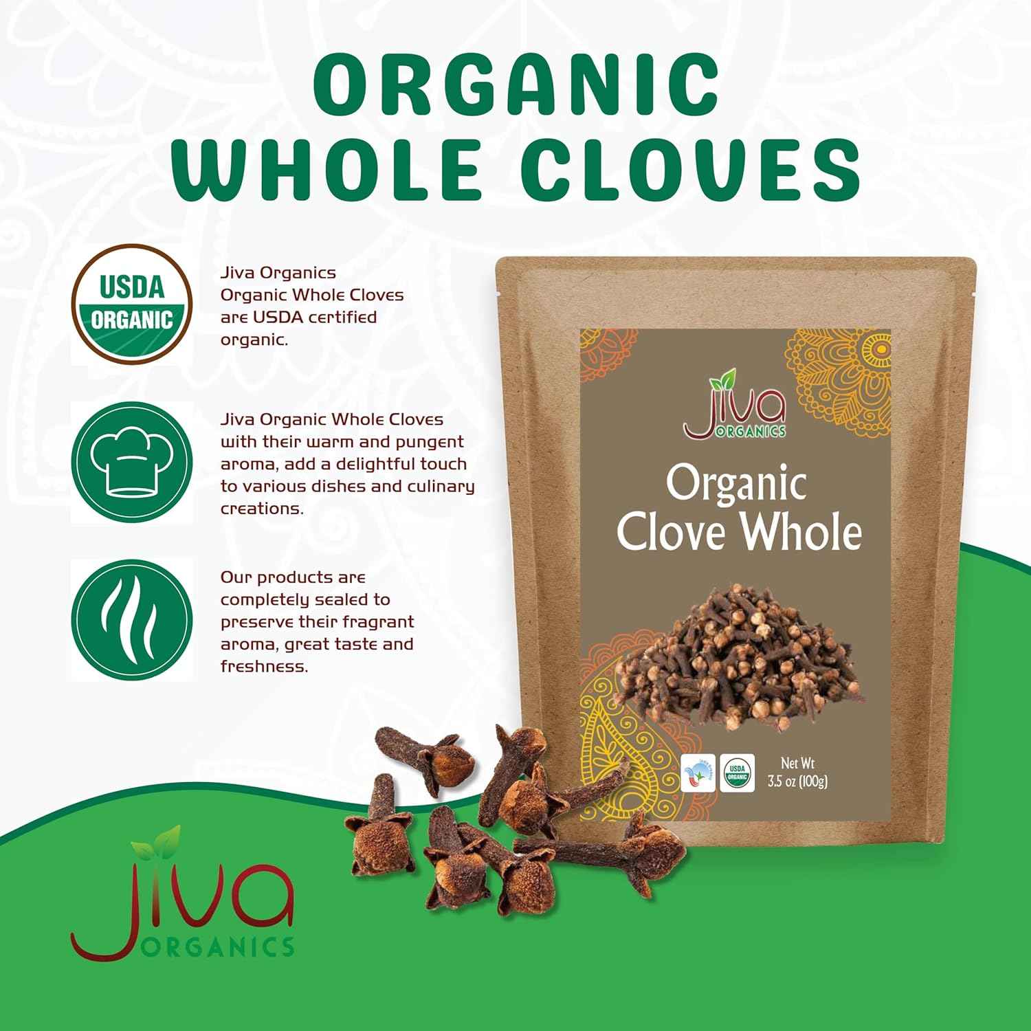 Jiva Organic Whole Cloves – Warming Spice for Yoga Room Meditation Rituals, 3.5 oz Pouch