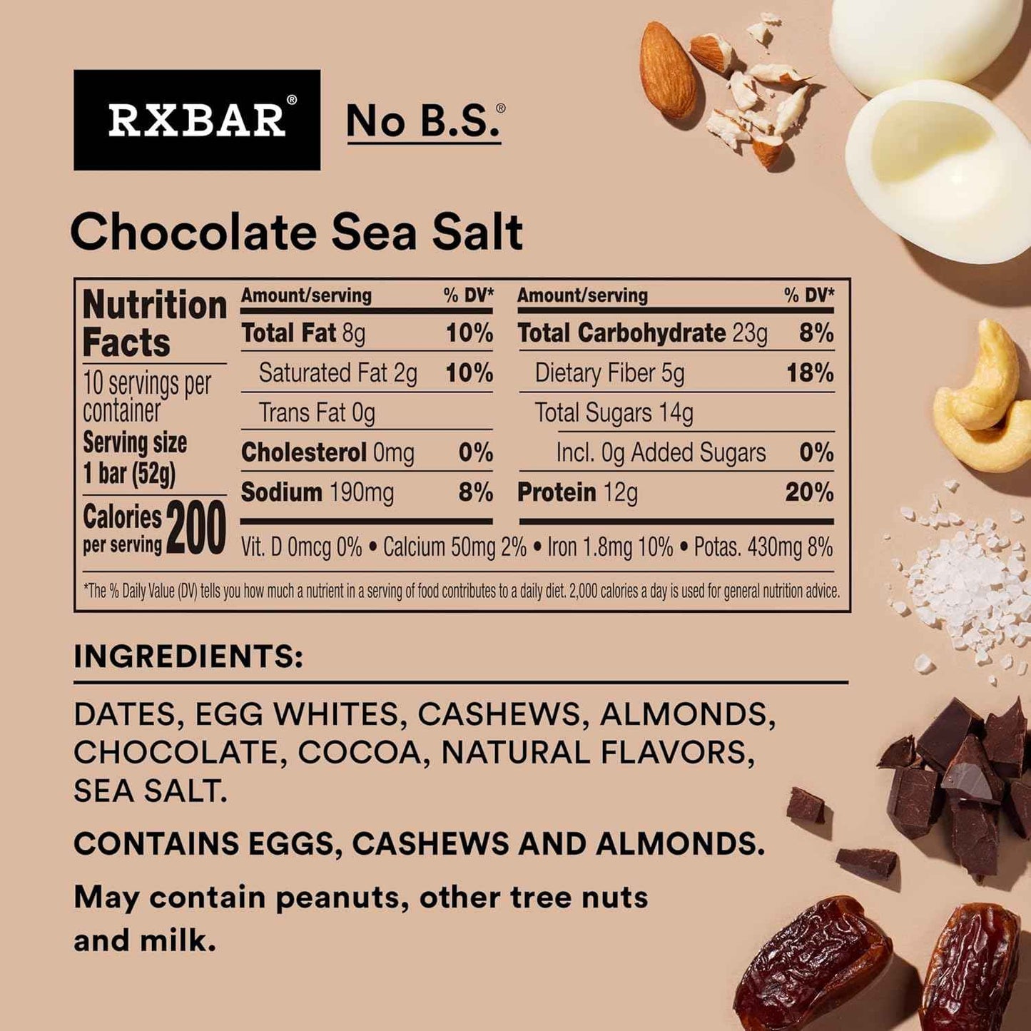 RXBAR Chocolate Sea Salt Protein Bars – 12g Protein Desk Snack for Office Focus and Afternoon Productivity, 10 Count