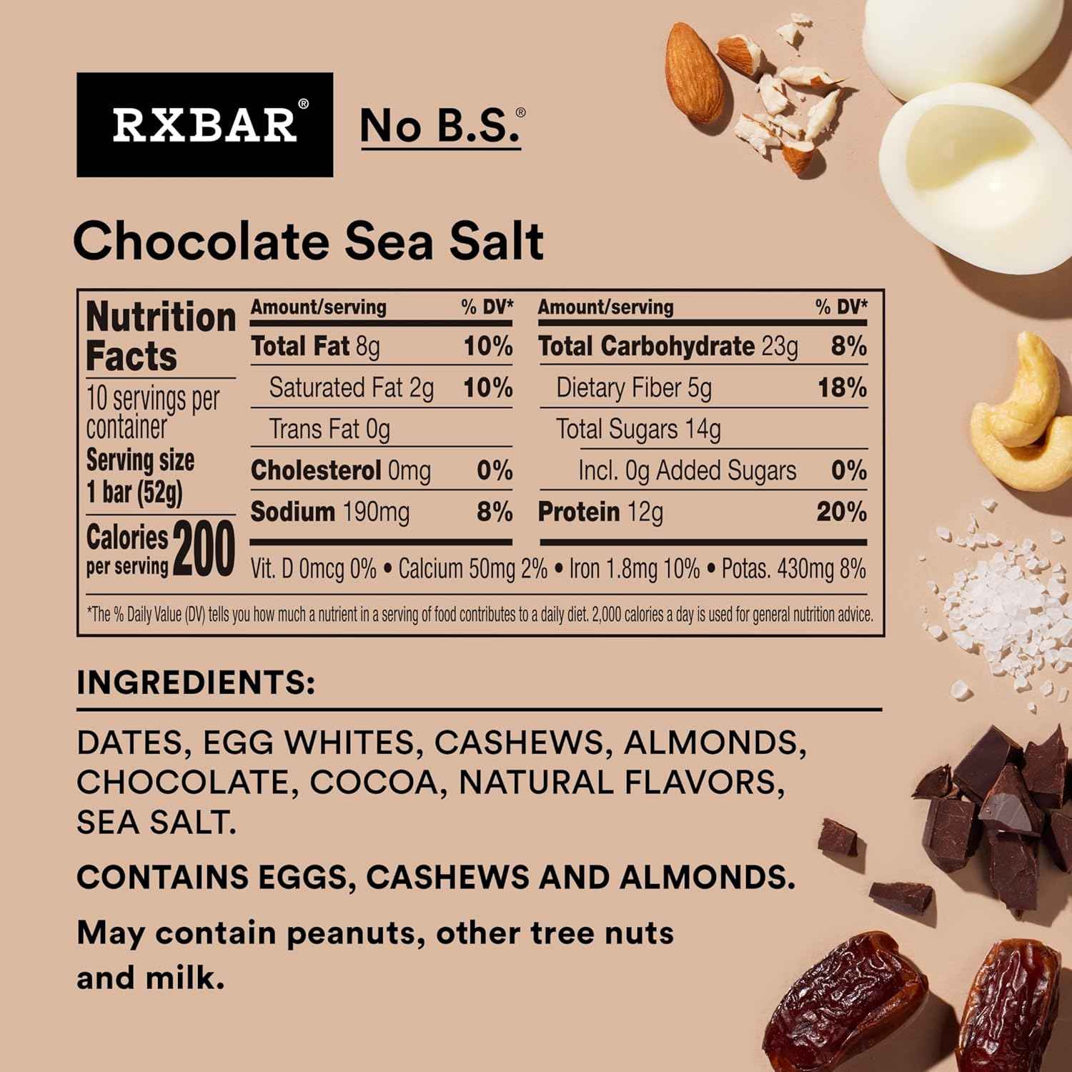 RXBAR Chocolate Sea Salt Protein Bars – 12g Protein Desk Snack for Office Focus and Afternoon Productivity, 10 Count