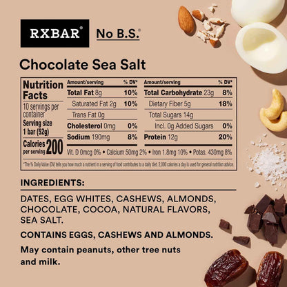 RXBAR Chocolate Sea Salt Protein Bars – 12g Protein Desk Snack for Office Focus and Afternoon Productivity, 10 Count