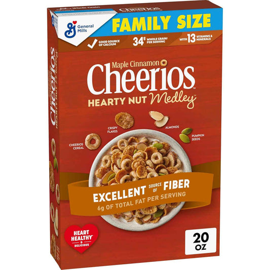 Cheerios Hearty Nut Medley Maple Cinnamon – Family Breakfast Cereal Kids and Adults Both Love, Maple Cinnamon Flavor, 20 oz Box