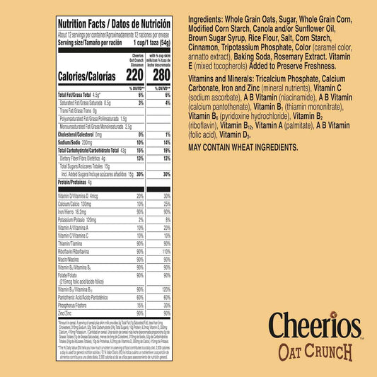 Cheerios Oat Crunch Cinnamon Breakfast Cereal – Whole Grain Office Snack and Post-Workout Fuel for Health-Conscious Routines, 24 oz Box