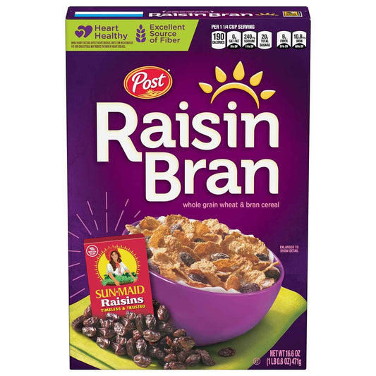 Post Raisin Bran Cereal – Kid-Friendly Whole Grain Breakfast for Family Mornings, 16.6 oz