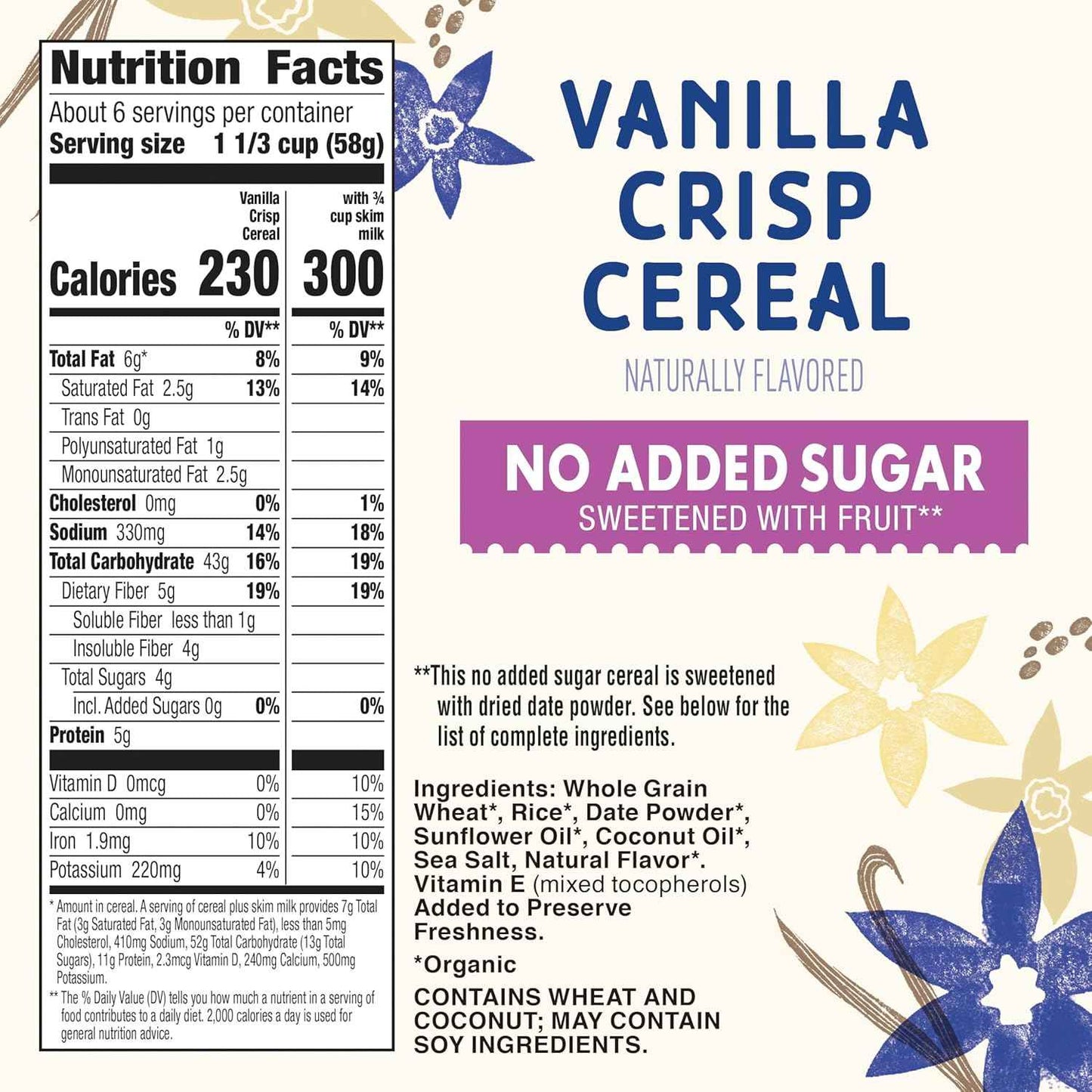 Cascadian Farm Organic Vanilla Crisp Cereal – Diabetic-Friendly Cereal for Sugar-Conscious Wellness Routines, 12 oz Resealable Box