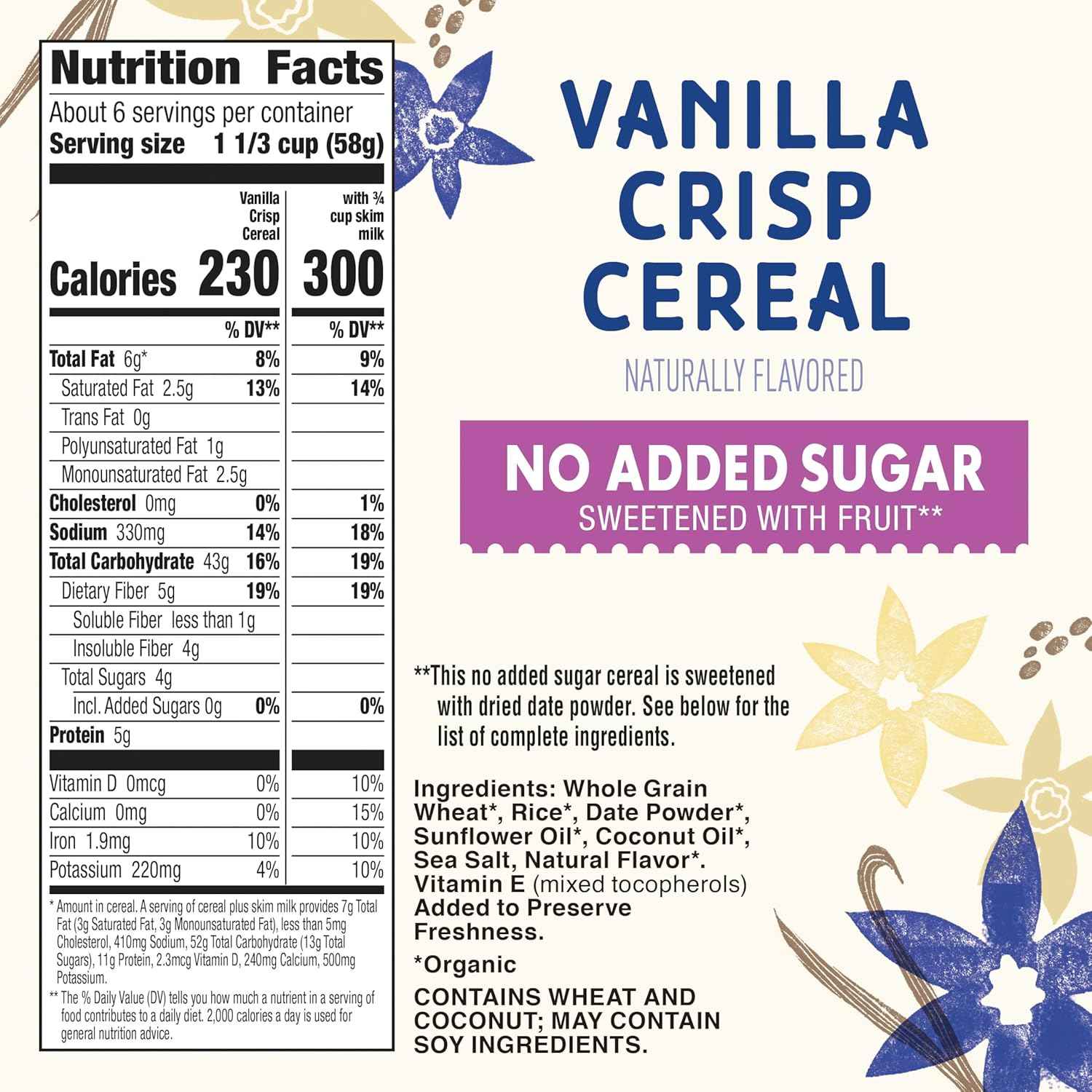 Cascadian Farm Organic Vanilla Crisp Cereal – Diabetic-Friendly Cereal for Sugar-Conscious Wellness Routines, 12 oz Resealable Box
