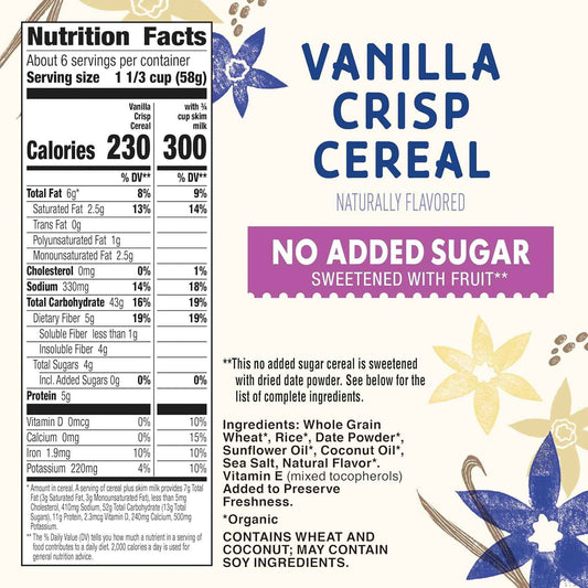 Cascadian Farm Organic Vanilla Crisp Cereal – Diabetic-Friendly Cereal for Sugar-Conscious Wellness Routines, 12 oz Resealable Box