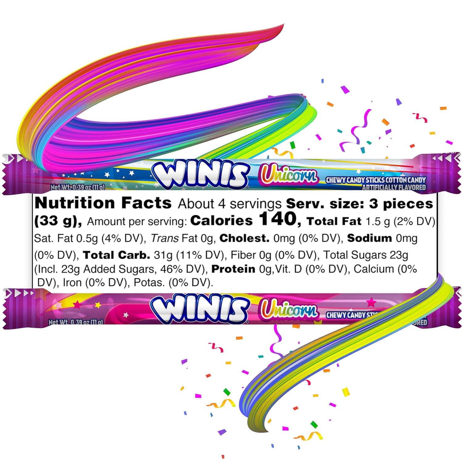 Winis Unicorn Cotton Candy Chewy Taffy Swirls – Non-Melting Candy for Picnics, Pool Parties, and Summer Road Trips | 4.3 Oz Sharing Bag, 11 Individually Wrapped Sticks