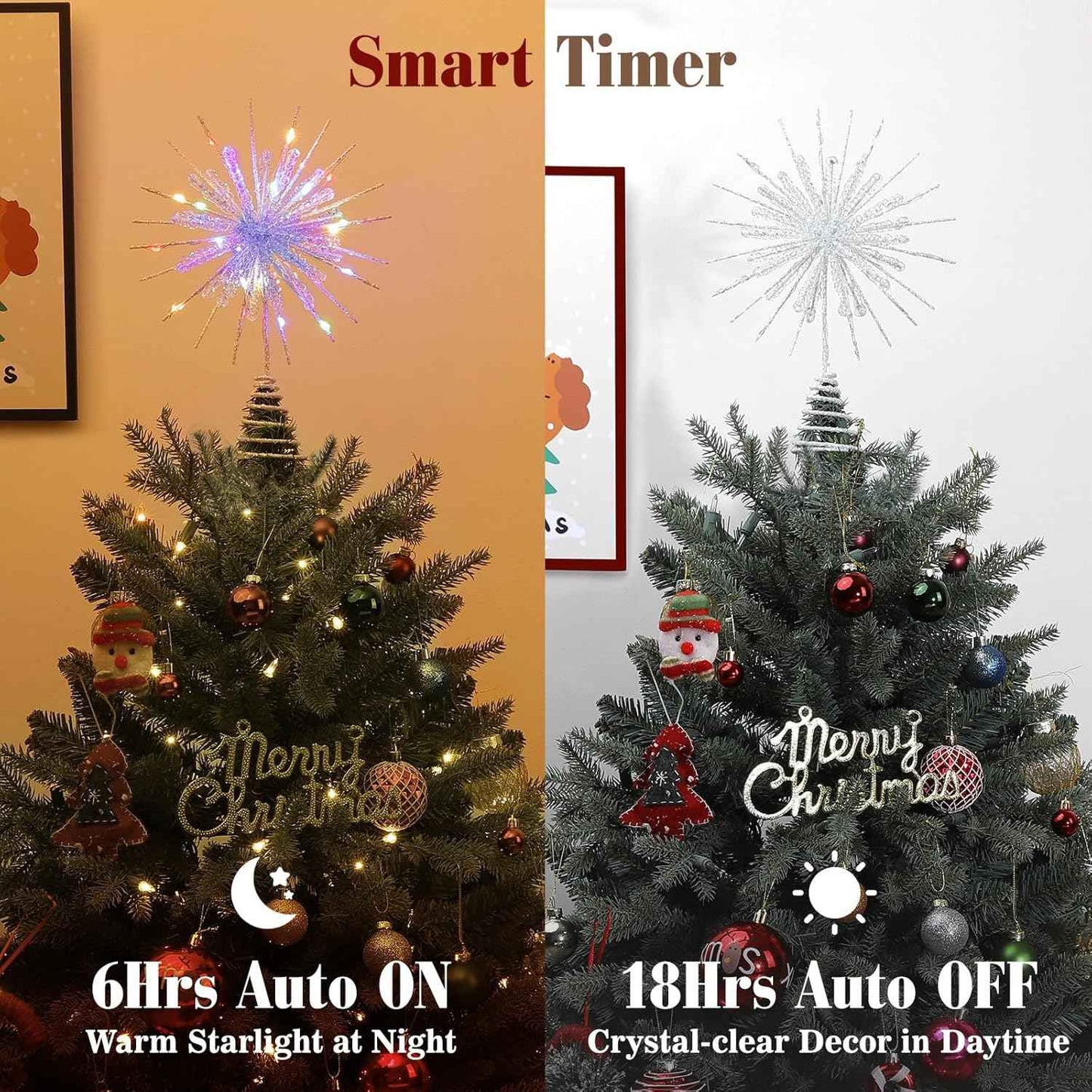 Lewondr Snowflake Tree Topper – Cozy Christmas Bedroom Decor, 12.2in Lighted Xmas Topper with Glittered Epoxy Finish