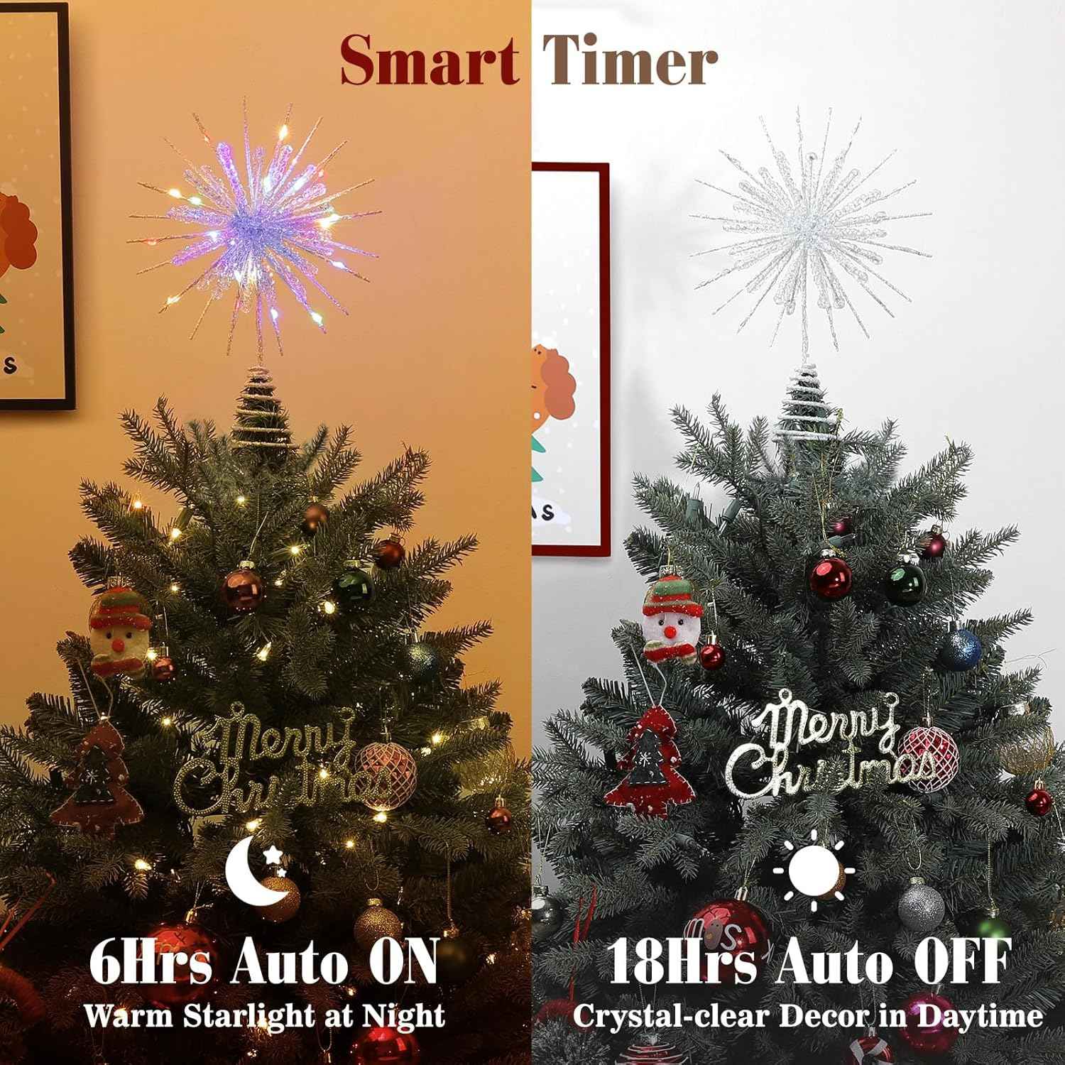 Lewondr Snowflake Tree Topper – Cozy Christmas Bedroom Decor, 12.2in Lighted Xmas Topper with Glittered Epoxy Finish