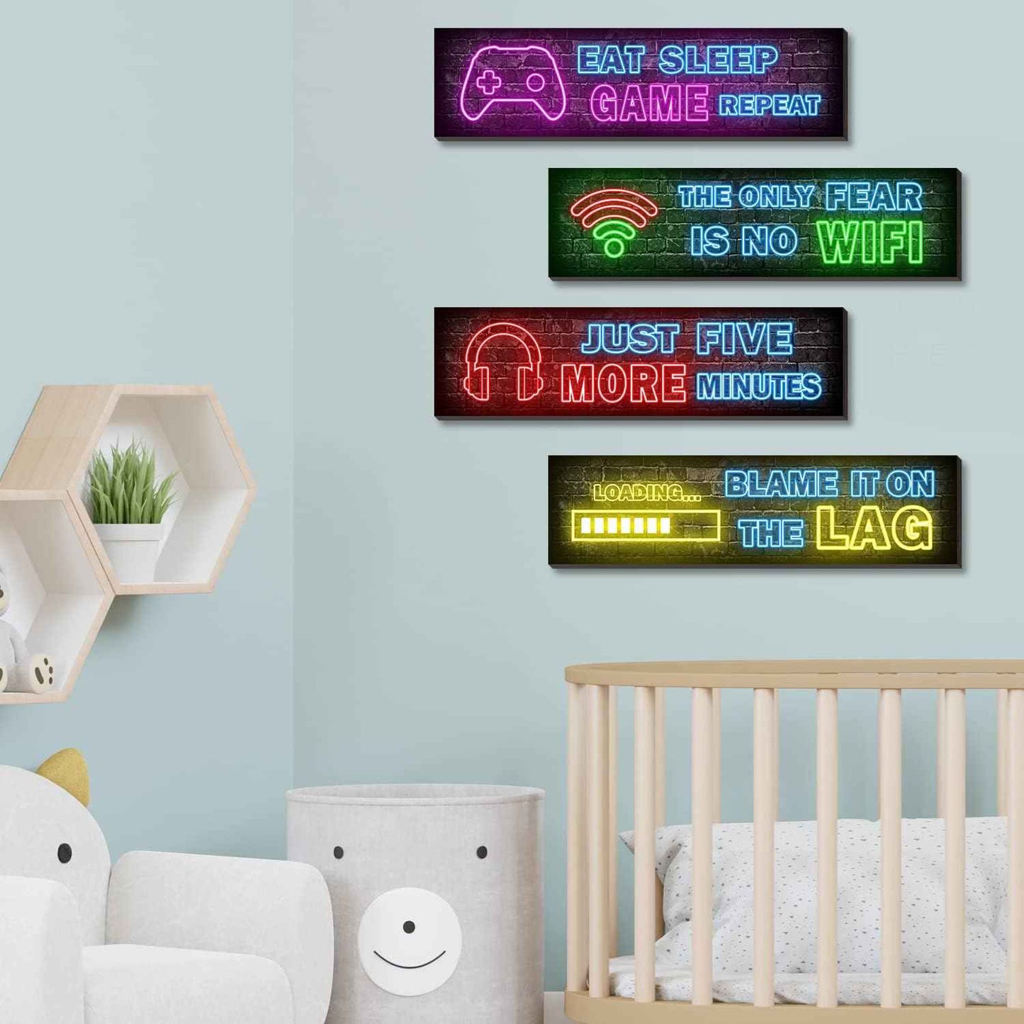 4 Pcs Printed Neon Gaming Posters – Neon Gamer Aesthetic for Bedroom Walls, Wooden Wall Art Set of 4