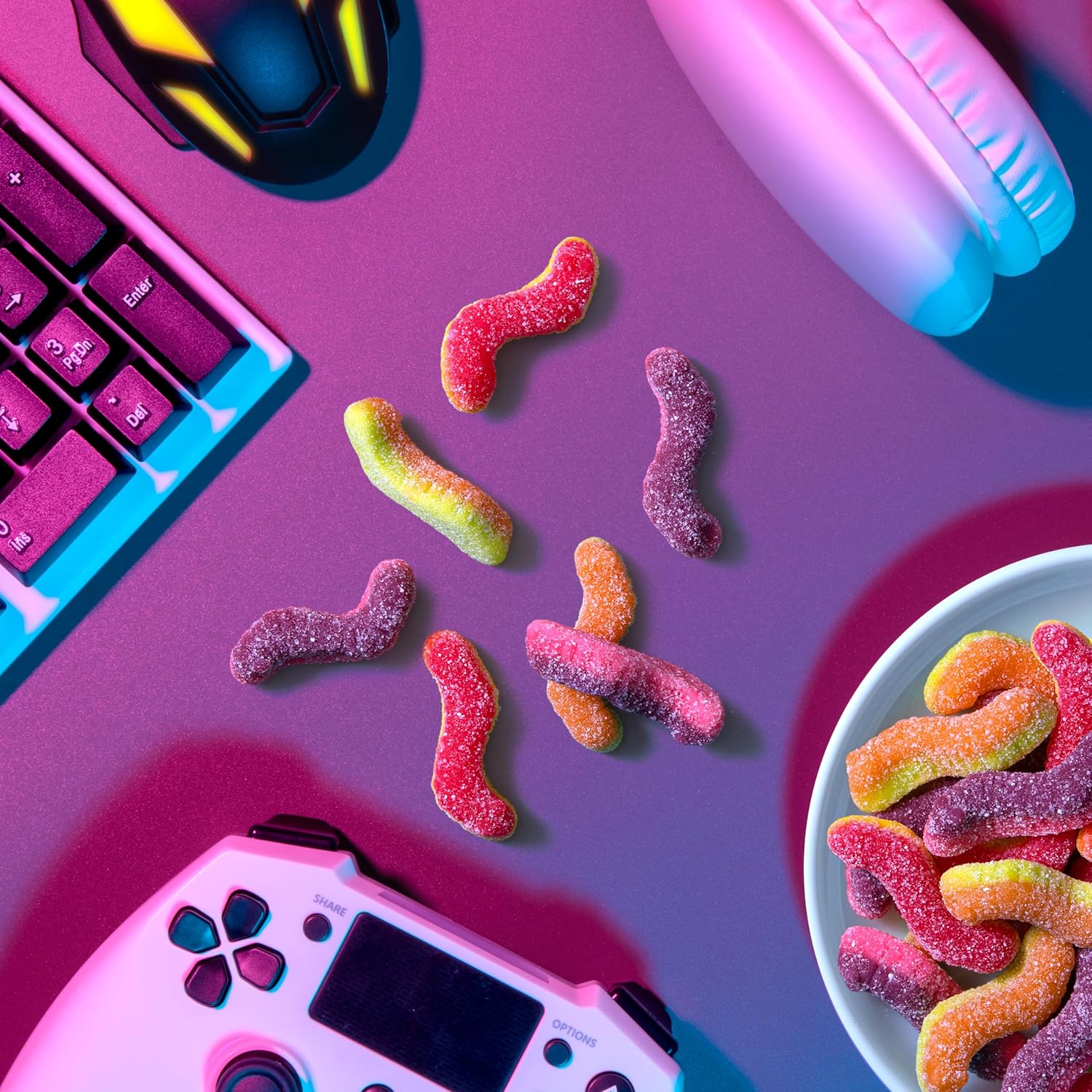 worm-shaped, brightly colored gummy candy design