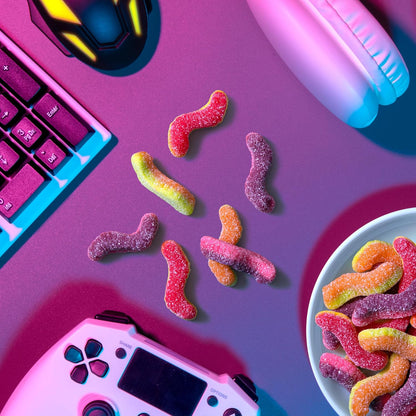 worm-shaped, brightly colored gummy candy design