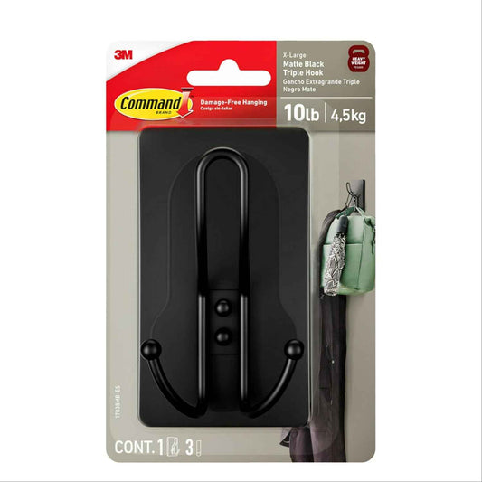 Command X-Large Matte Black Triple Hook – Modern Bedroom Wall Decor, Damage-Free Hook for Coats, Bags and Wreaths