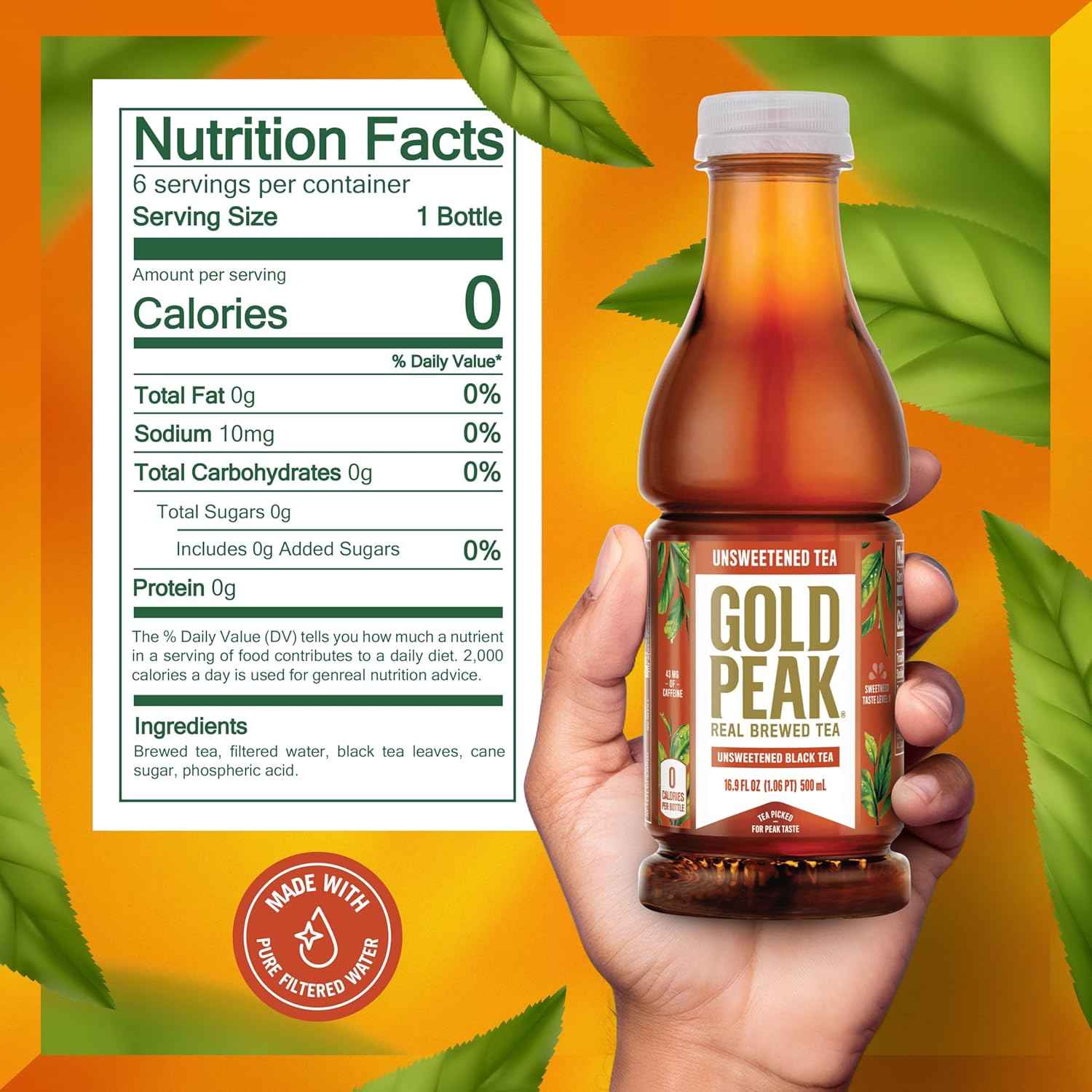 Gold Peak Zero Sugar Sweet Tea – Mindful Sip for Diet and Weight Management Goals, 16.9 fl oz Bottles 6 Pack