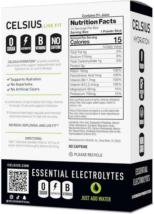 CELSIUS Hydration Sugar Free Electrolyte Powder – Lemon Lime Self Care Beverage Sticks for Post-Workout Recovery and Mindful Routines