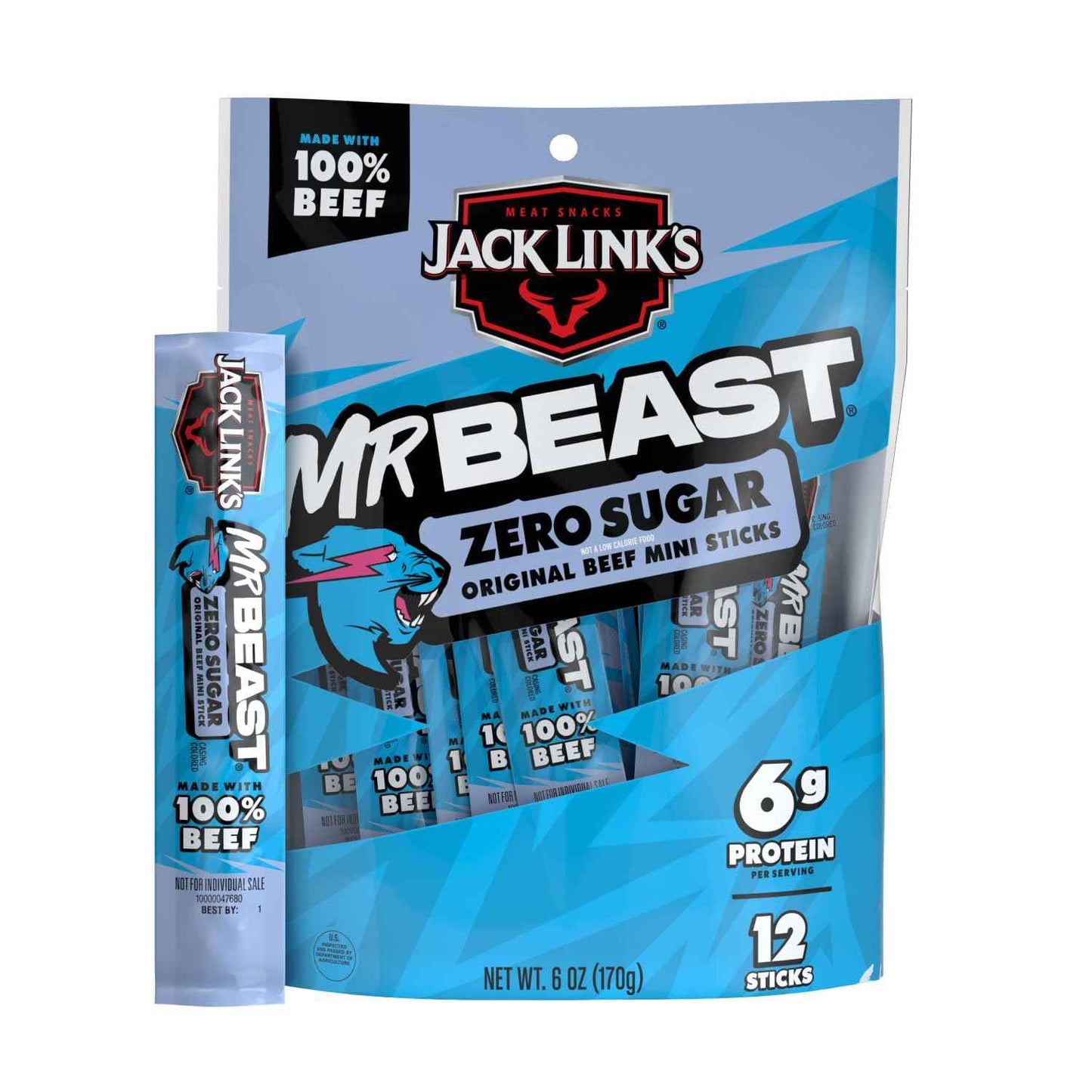 Jack Link's x MrBeast Zero Sugar Mini Beef Sticks – Low-Sugar Gym Bag Protein for Macro Trackers, 12 Pack