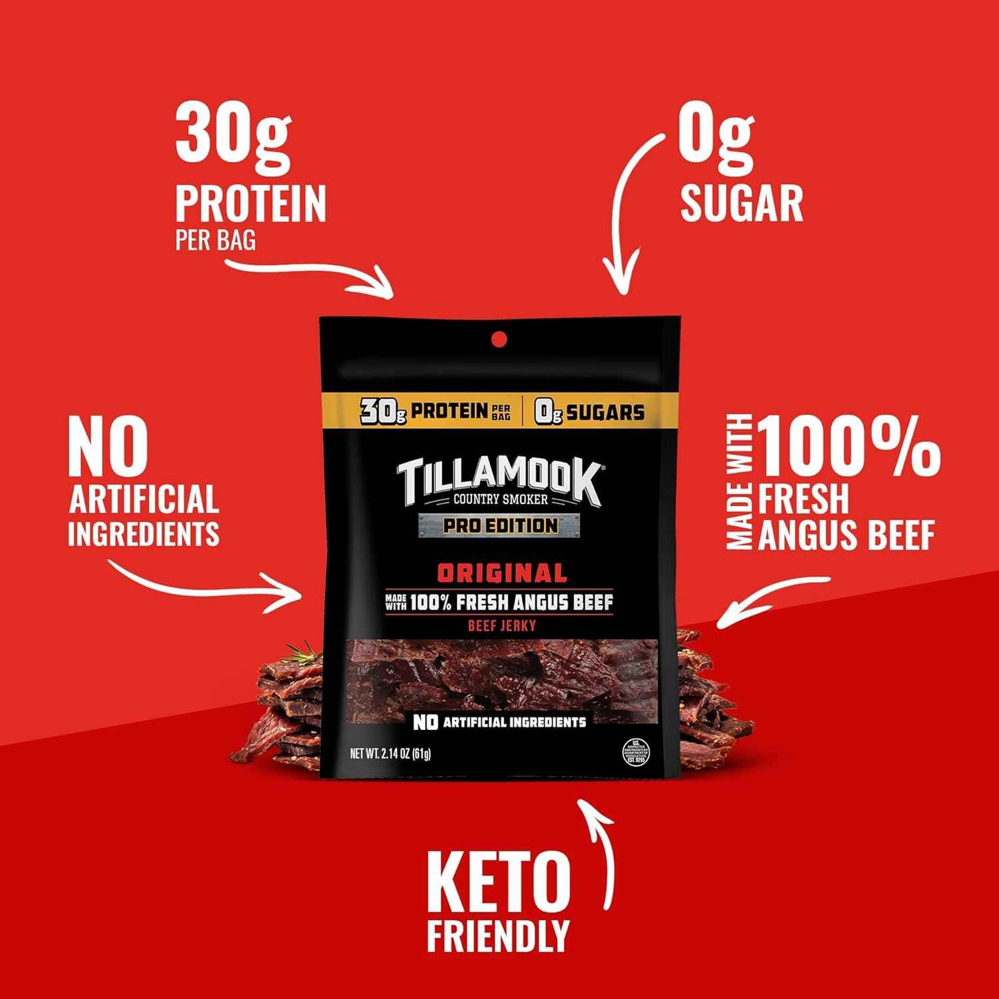Tillamook Country Smoker PRO Edition Beef Jerky, Original Zero Sugar, 2.14 Oz Portable Protein Pack for Hiking, Camping and Backcountry Trips