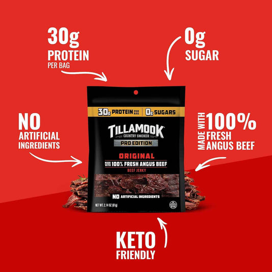 Tillamook Country Smoker PRO Edition Beef Jerky, Original Zero Sugar, 2.14 Oz Portable Protein Pack for Hiking, Camping and Backcountry Trips