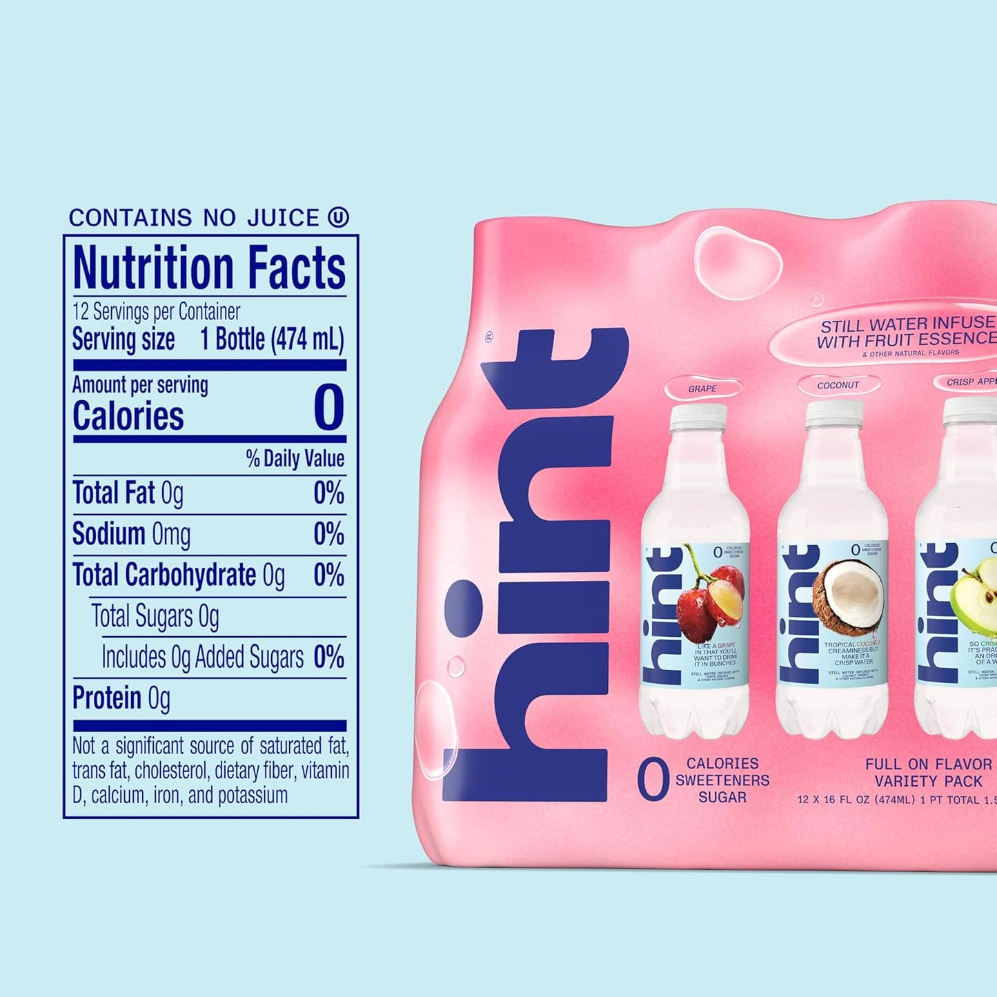 zero sugar, zero artificial sweeteners, and zero calories per bottle